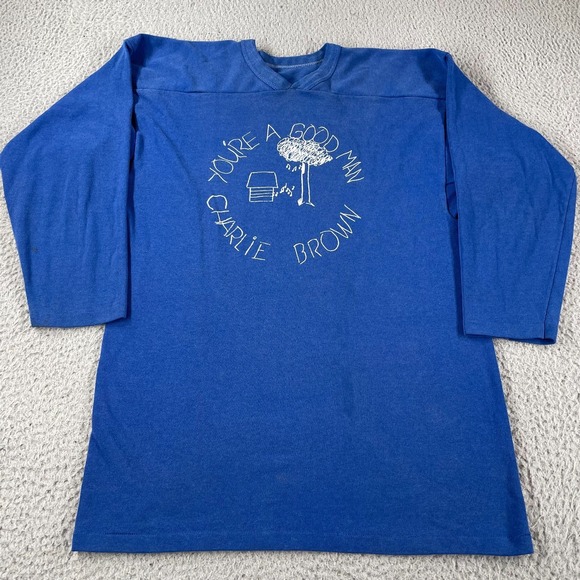 Vintage 70s Snoopy Shirt Peanuts Charlie Brown Linus Blue Shirt 60s RARE *